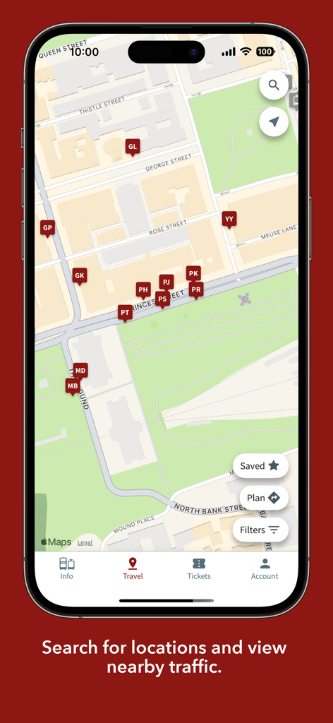 Mapa interactivo de Edimburgo que muestra las ubicaciones de las paradas de autobús en la aplicación móvil Bus and Tram.