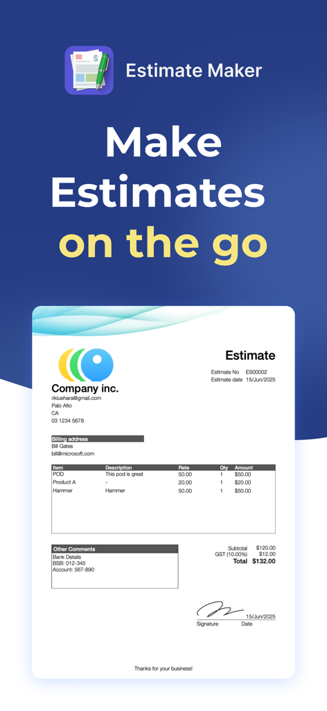 Estimate Maker, Contractor Pay - A professional business estimate template shown on the Estimate Maker app screen.