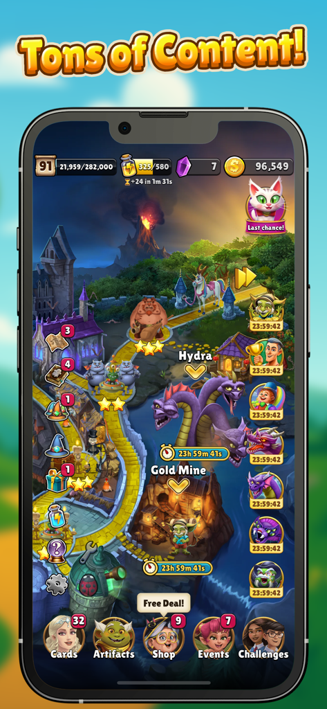Sorcery School - A colorful magical world map in the Sorcery School app showing levels, monsters, and character progression icons.
