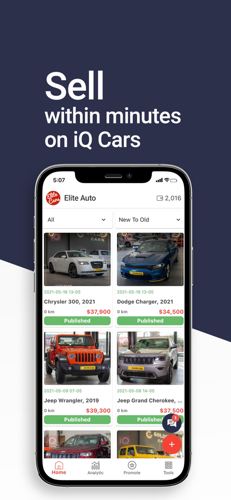 Listagens de carros no painel do aplicativo iQ Plus
