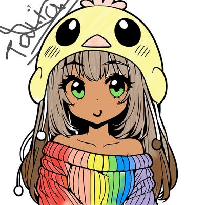 anime girl with chick shaped hat with sweater with bare shoulders with bangs covering them one eye with low tail