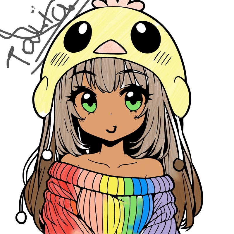 anime girl with chick shaped hat with sweater with bare shoulders with bangs covering them one eye with low tail