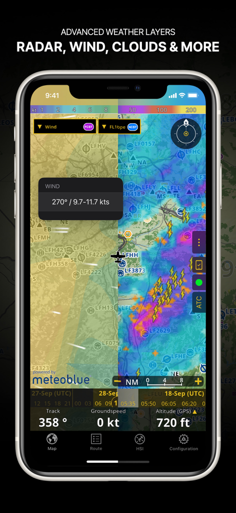 Air Navigation Pro - Air Navigation Pro app screenshot showing advanced weather layers including radar wind and cloud coverage on a navigation map
