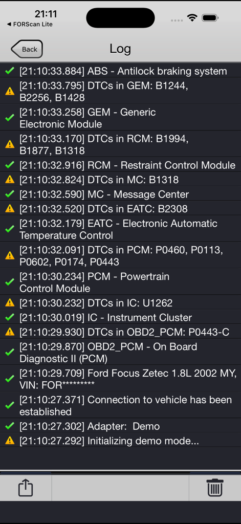 FORScan Viewer for Ford, Mazda - FORScan Viewer diagnostic log displaying vehicle modules and diagnostic trouble codes