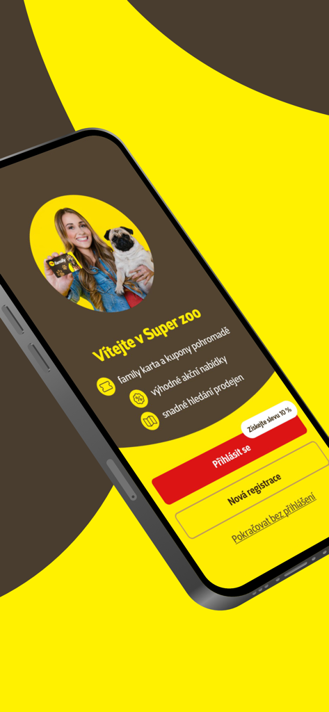 Super zoo - Tela de boas-vindas do aplicativo de fidelidade para pets Super zoo com uma mulher e um cachorro pug