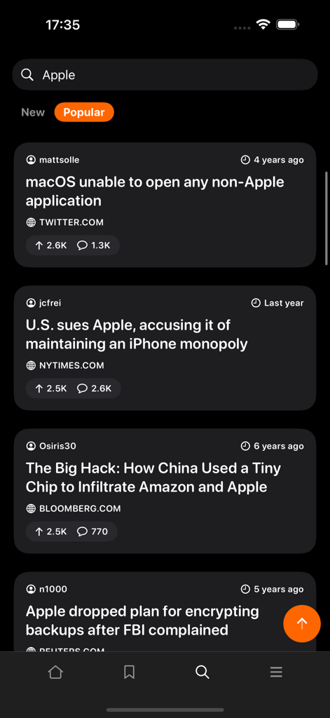 Hazumi for Hacker News - Resultados de búsqueda de Apple en la aplicación Hazumi para Hacker News que muestran tarjetas de noticias tecnológicas populares.