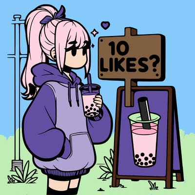 girl with oversized hoodie drinking boba and she has a high ponytail with a sign that says 10likes?