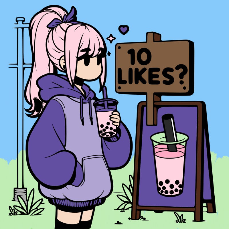 girl with oversized hoodie drinking boba and she has a high ponytail with a sign that says 10likes?