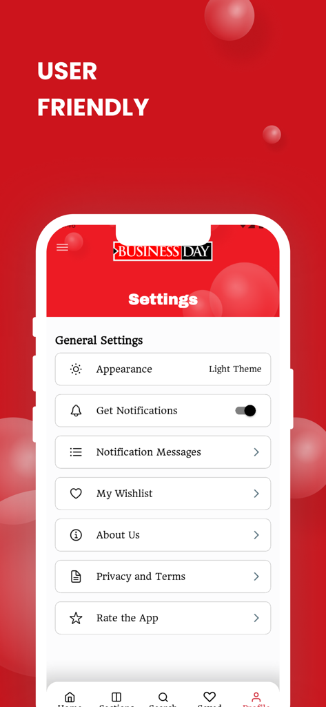 BusinessDay News app settings screen showing a user friendly interface with notification and theme options