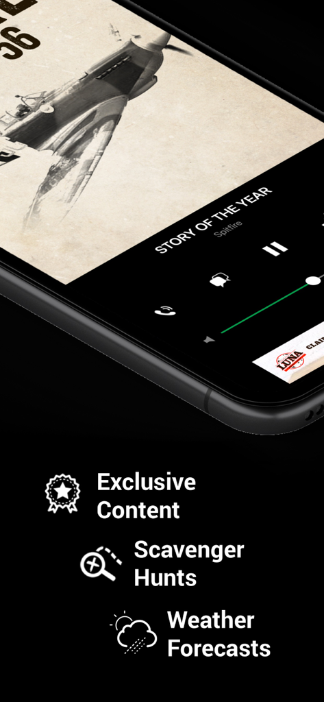 97.5 NOW FM (WJIM) - Tela do aplicativo 97.5 NOW FM mostrando o reprodutor de música com a música Spitfire de Story of the Year e ícones para caças ao tesouro de conteúdo exclusivo e previsões do tempo