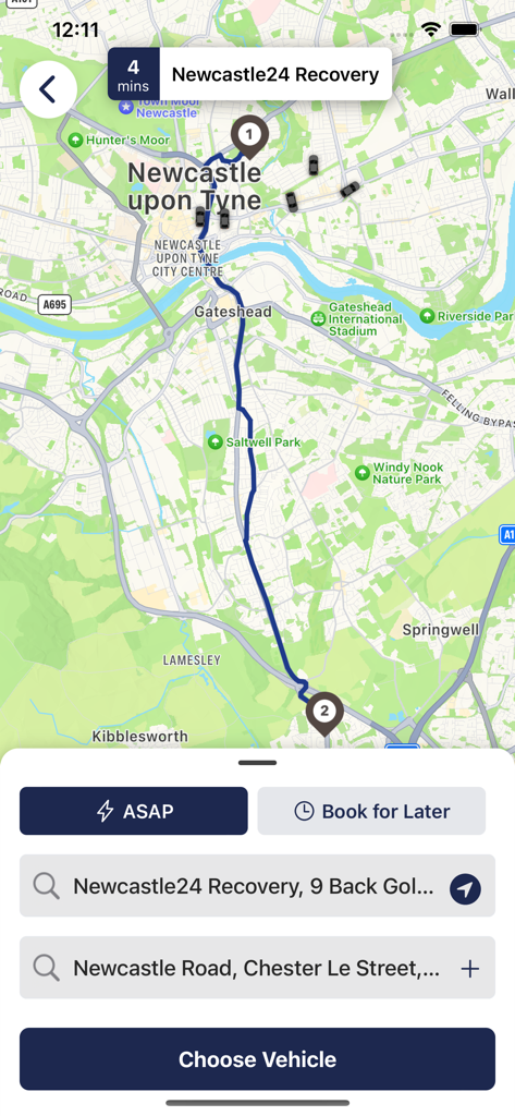 Blueline Taxis - A mobile app screen showing a map of Newcastle with a taxi route and booking options for ASAP or scheduled rides.