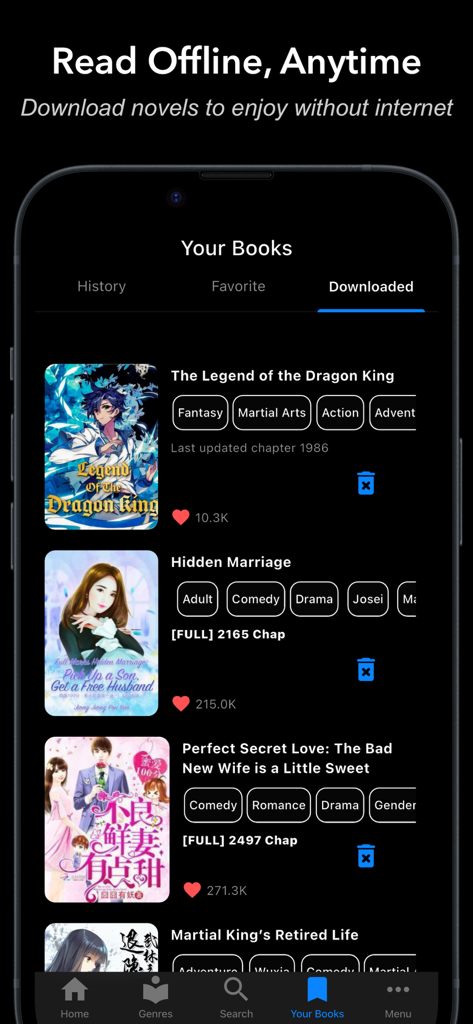 Light Novel - Offline Reader - Pantalla de smartphone mostrando una lista de novelas ligeras descargadas en la biblioteca de la aplicación Novela Ligera Lector sin Conexión
