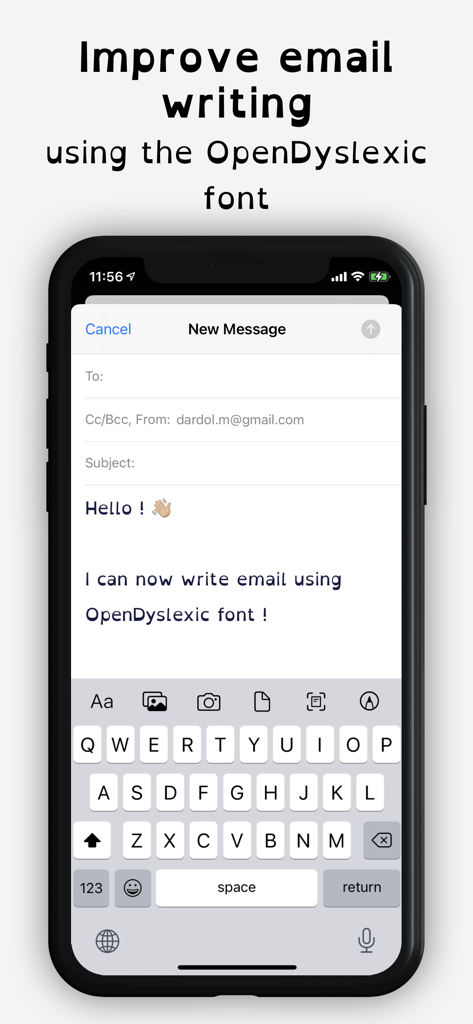 An iPhone screen showing a new email message written using the OpenDyslexic font to improve readability.