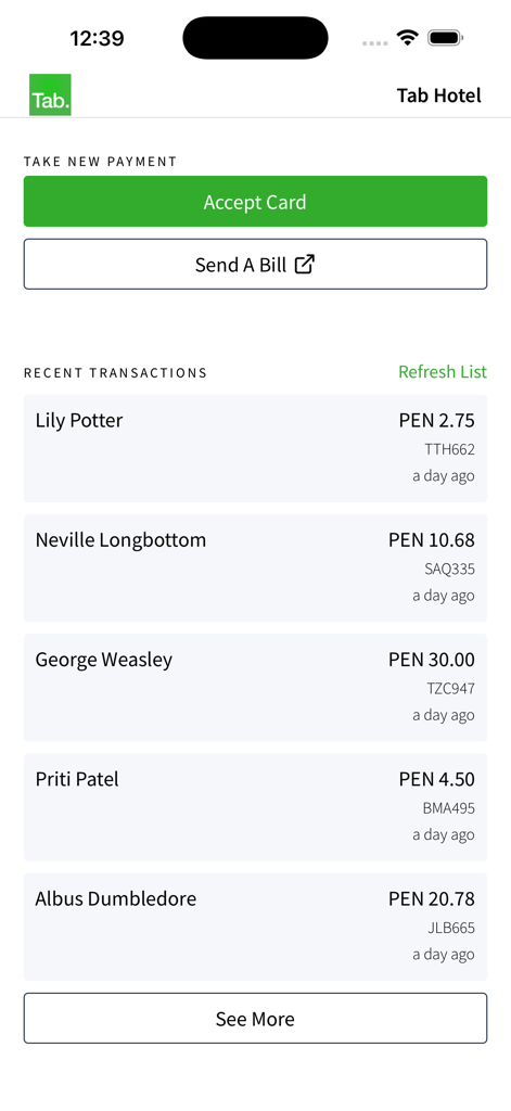 Tab (for Business) - Panel de la aplicación Tab for Business mostrando transacciones recientes y botones de cobro.