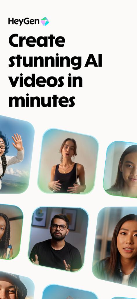 HeyGen: AI Video Generator - Display dell'app HeyGen con avatar AI realistici e il testo Crea incredibili video AI in pochi minuti.