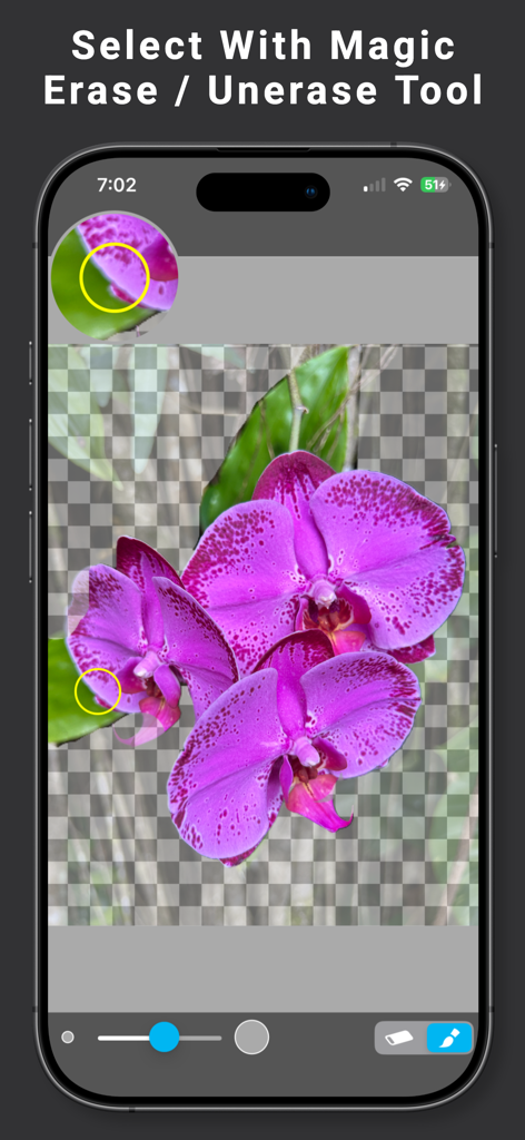 Facecopy: Face Swap Pic Editor - Smartphone screen showing the Facecopy app using the magic erase tool to remove the background from a photo of purple flowers