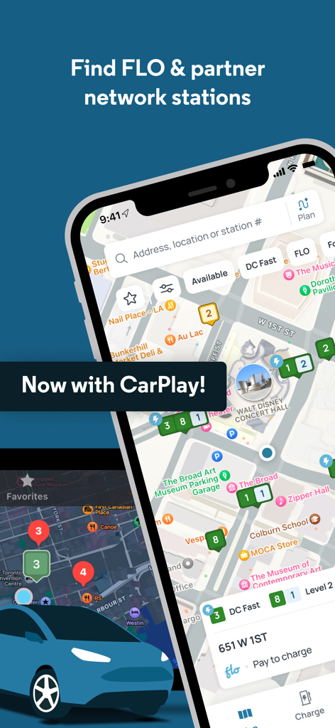FLO EV Charging App-Oberfläche mit Stationskarte und CarPlay-Integration
