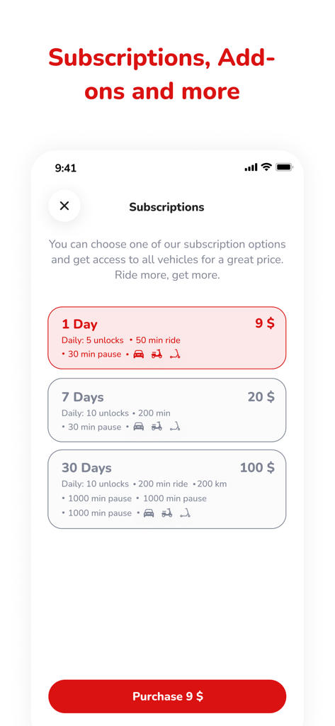 Zippy Rides - Pantalla de precios de suscripción para la aplicación Zippy Rides con planes de alquiler diario, semanal y mensual para patinetes y vehículos eléctricos