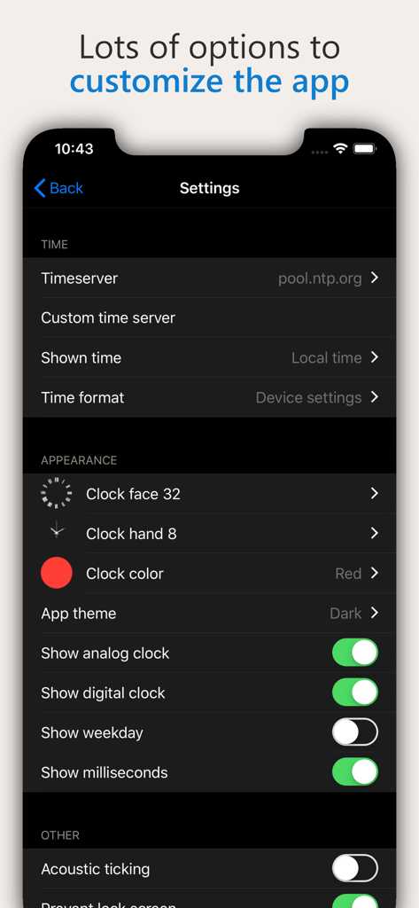 Settings interface of the AtomicClock app showing time server and display customization options.