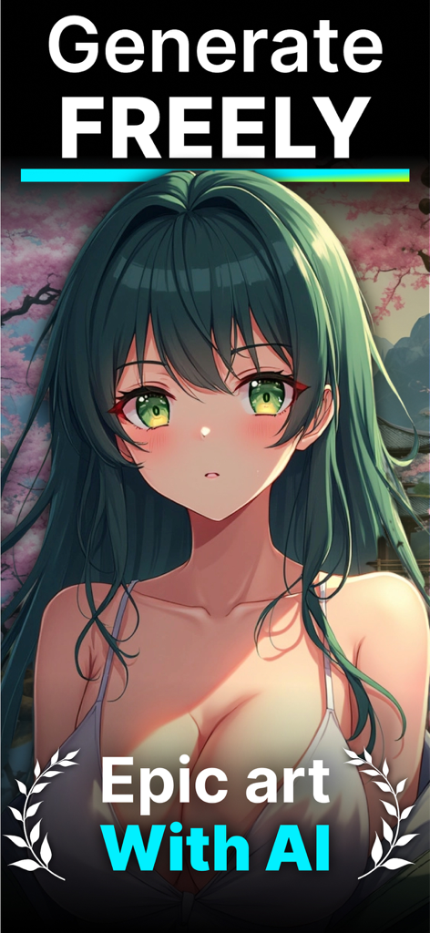AI Image Generator ~ DALI Art - AI generated anime girl with green hair and cherry blossoms from DALI Art app