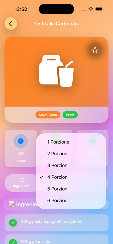 A screenshot of the My Bimby app showing a Pasta alla Carbonara recipe with a menu open to select the number of portions from one to six.