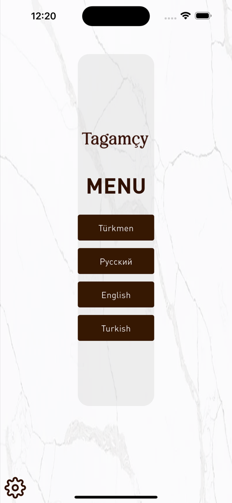 Tagamçy - Tagamcy app menu showing language options for Turkmen Russian English and Turkish
