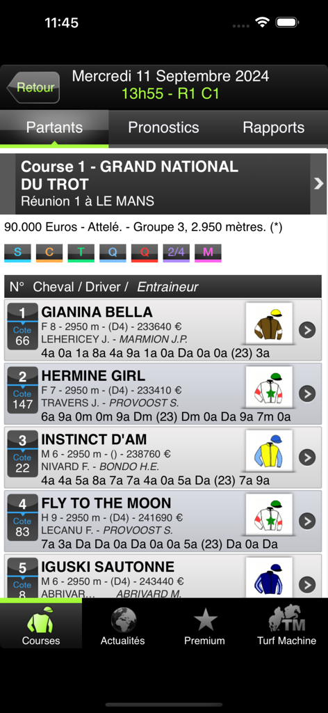 Turfomania - Turf et pronostic - Interface de l'application Turfomania montrant les engagés des courses hippiques, les cotes et les historiques de performance pour le Grand National du Trot.
