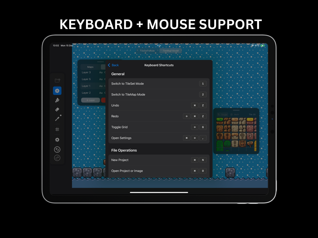 TilePix - Keyboard shortcuts menu in the TilePix app for iPad pixel art level design