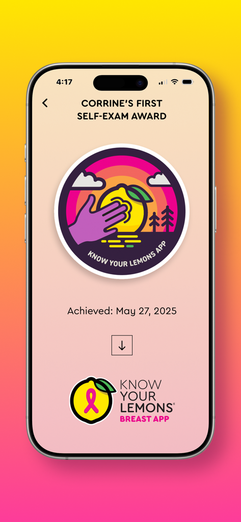 Know Your Lemons - Ein farblich gestaltetes digitales Auszeichnungsabzeichen für die Durchführung einer ersten Brustselbstuntersuchung in der Know Your Lemons App