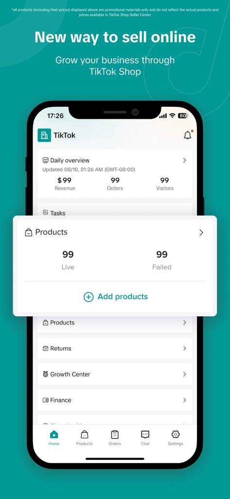 Dashboard of TikTok Shop Seller Center app showing sales revenue and product management tools