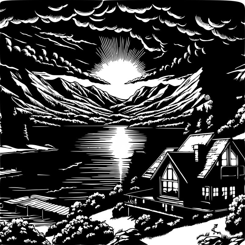 create a captivating artwork featuring a sunset over a scenic landscape. envision towering mountains silhouetted against a vibrant sky illuminated by the setting sun. reflective hues of orange, pink, and purple dance across the clouds, casting a warm glow over the serene waters of a tranquil lake below.

in the foreground, include a solitary house perched near the lakeshore—a rustic cabin or cozy cottage nestled amidst nature. pay attention to realistic details, such as the house's architectural features and surrounding elements like trees, rocks, or a small dock.

opt for a black background to emphasize the vivid colors of the sunset and add a dramatic touch to the composition. use artistic techniques like blending soft gradients for the sky, creating texture with brushstrokes for the mountains, and adding subtle reflections in the water to enhance realism.

focus on the interplay of light and shadow, capturing the peaceful ambiance of dusk. experiment with different art mediums, such as acrylics, oils, or digital tools, to bring your vision to life with depth and dimension.

let your creativity flow as you translate this picturesque scene into a visually captivating artwork that transports viewers to a tranquil moment in nature during the golden hour