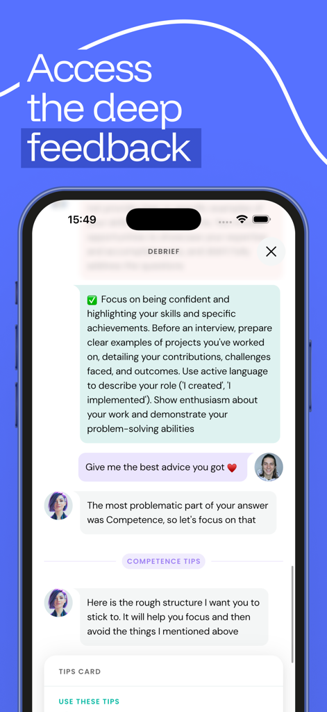Pantalla de resumen de entrevista de IA en la aplicación Duos que muestra feedback detallado y consejos de coaching.