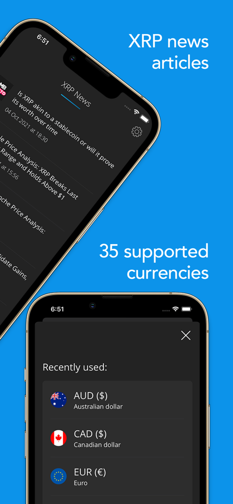 XRP Alerts mobile app showing news articles and supported local currencies.