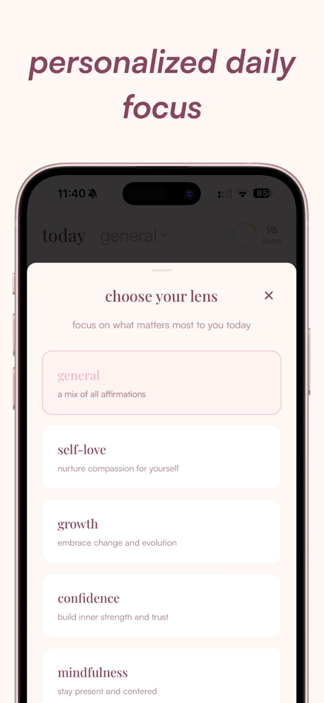 affirmations - self love daily - A smartphone interface showing different affirmation categories like self-love growth and confidence under the heading choose your lens