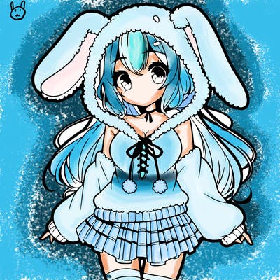pretty anime girl wearing a fluffy hoodie with bunny ears on the hood and a skirt