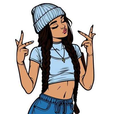 realistic teenage girl with braids and a beanie and crop top doing 🫶🏼