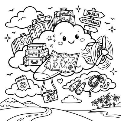 Embark on a delightful journey with this charming cumulus cloud vacation coloring page. It features a cheerful cloud airplane, luggage, and all the exciting elements of a grand travel adventure, ready for your creative touch.