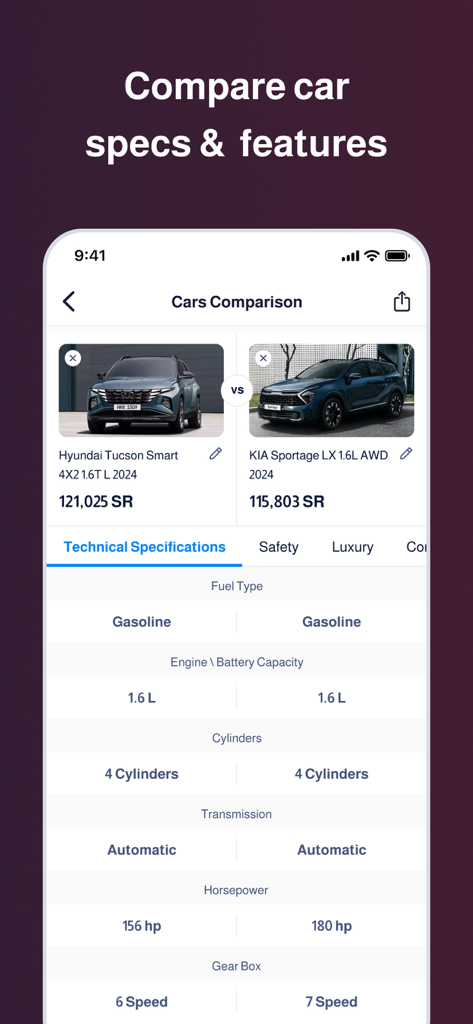 Motory - Cars For Sale Online - Motory app interface comparing technical specifications and prices of two cars side by side