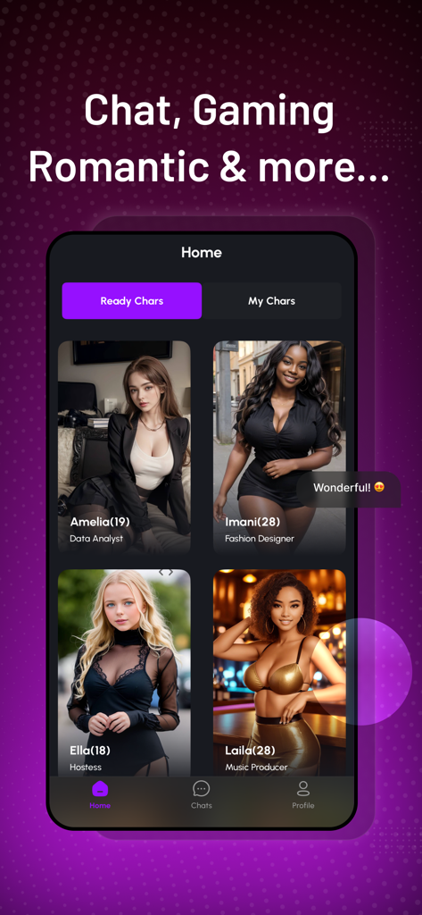 AI Girlfriend Sexy - Spicy GF - Home screen of AI Girlfriend app showing a selection of virtual female characters including Amelia Imani Ella and Laila for chat and roleplay