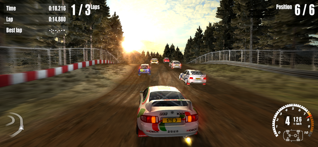 Rally cars competing on a dirt track during sunset in Rush Rally 3