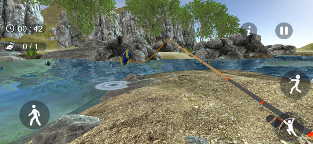 Fishing Simulator clash games - Gameplay screenshot showing a player catching a blue fish in the Fishing Simulator clash game