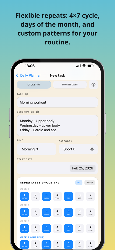 Daily Planner: No Subs Apps - Interfaz de la aplicación Daily Planner que muestra una pantalla de nueva tarea con un entrenamiento matutino programado utilizando una cuadrícula de ciclo repetible de cuatro semanas.