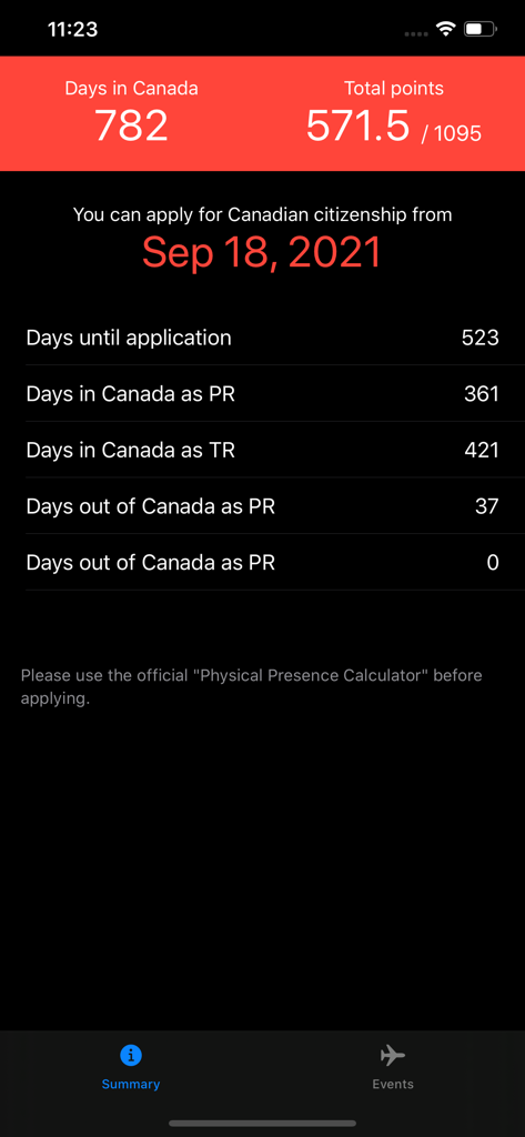 Days in Canada - Summary screen of the Days in Canada app showing citizenship eligibility date and tracked physical presence points.