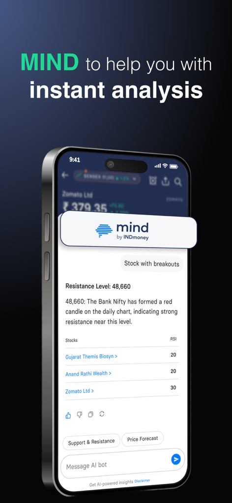 Flash Trading App by INDstocks - La función MIND de la aplicación Flash Trading proporciona análisis instantáneo del mercado de valores impulsado por IA e información sobre rupturas.