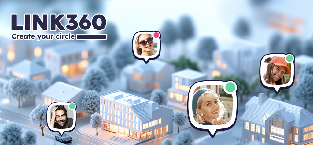 Interfaz de la aplicación Link360 que muestra las ubicaciones de los miembros de la familia en un mapa de vecindario 3D