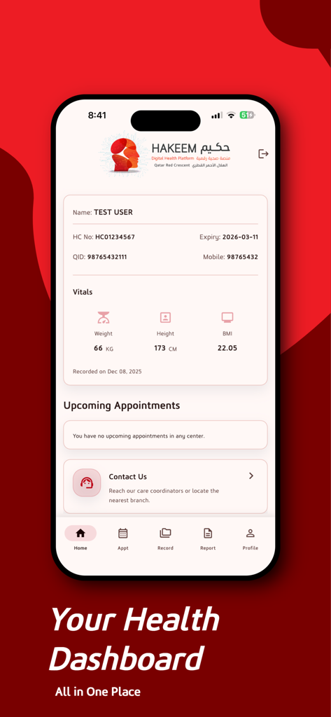 Painel do portal do paciente do aplicativo Hakeem mostrando sinais vitais e registros de saúde