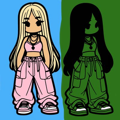 girl in baggy pants crop top and long hair