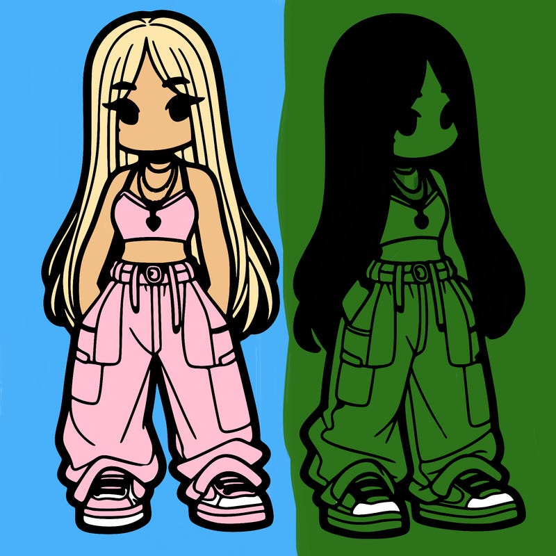 girl in baggy pants crop top and long hair