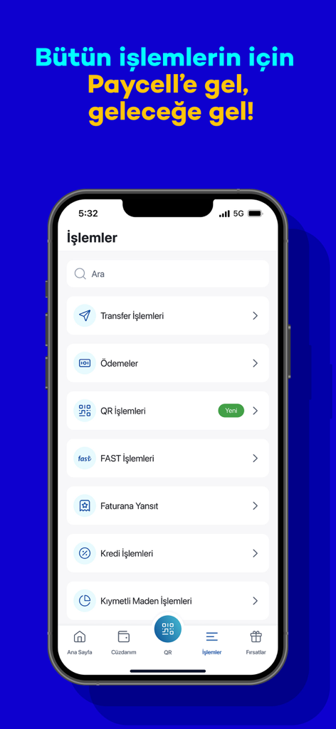 Paycell - Digital Wallet - Interfaz de la aplicación móvil Paycell mostrando un menú de transacciones financieras incluyendo transferencias de dinero y pagos de facturas