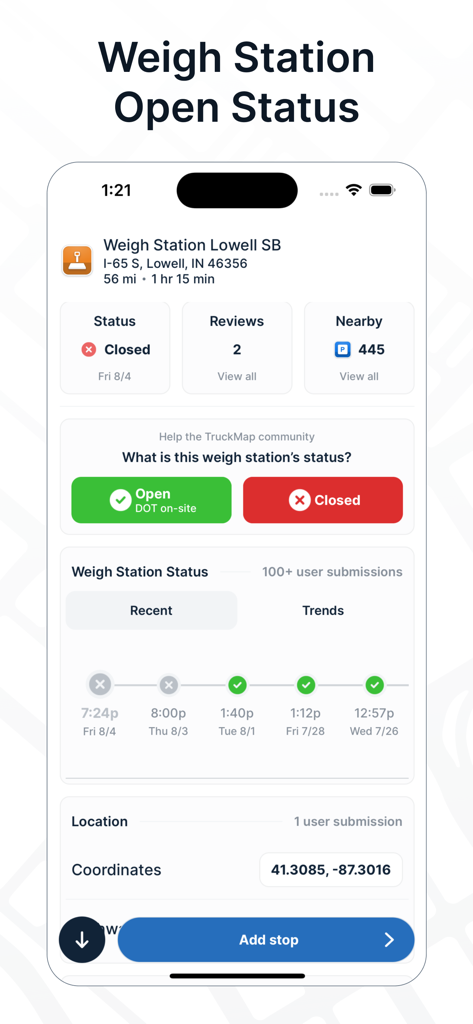 TruckMap app displaying real-time weigh station open and closed status.